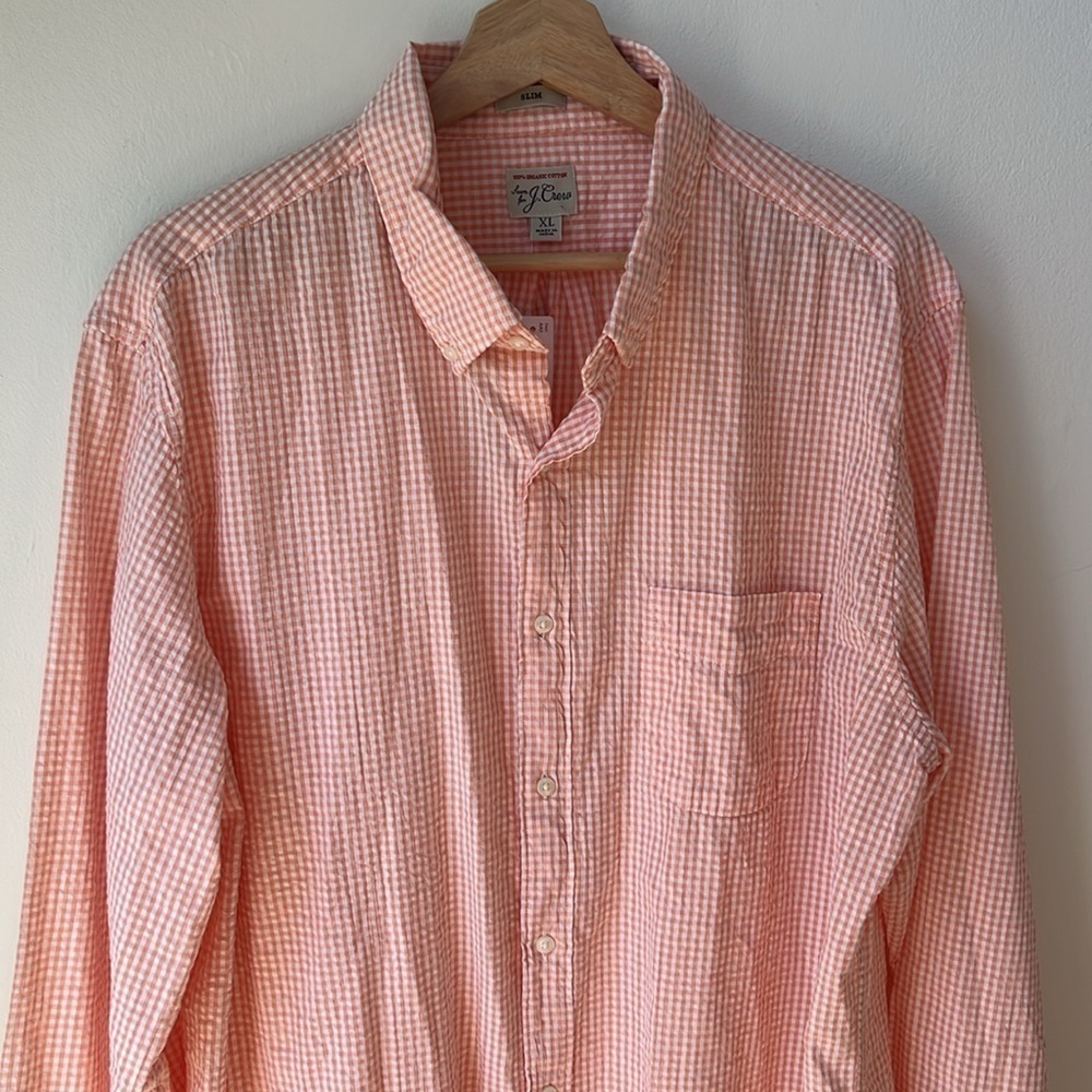 J. Crew Men’s Button Up Seersucker Check Shirt Size XL Organic Cotton NWT